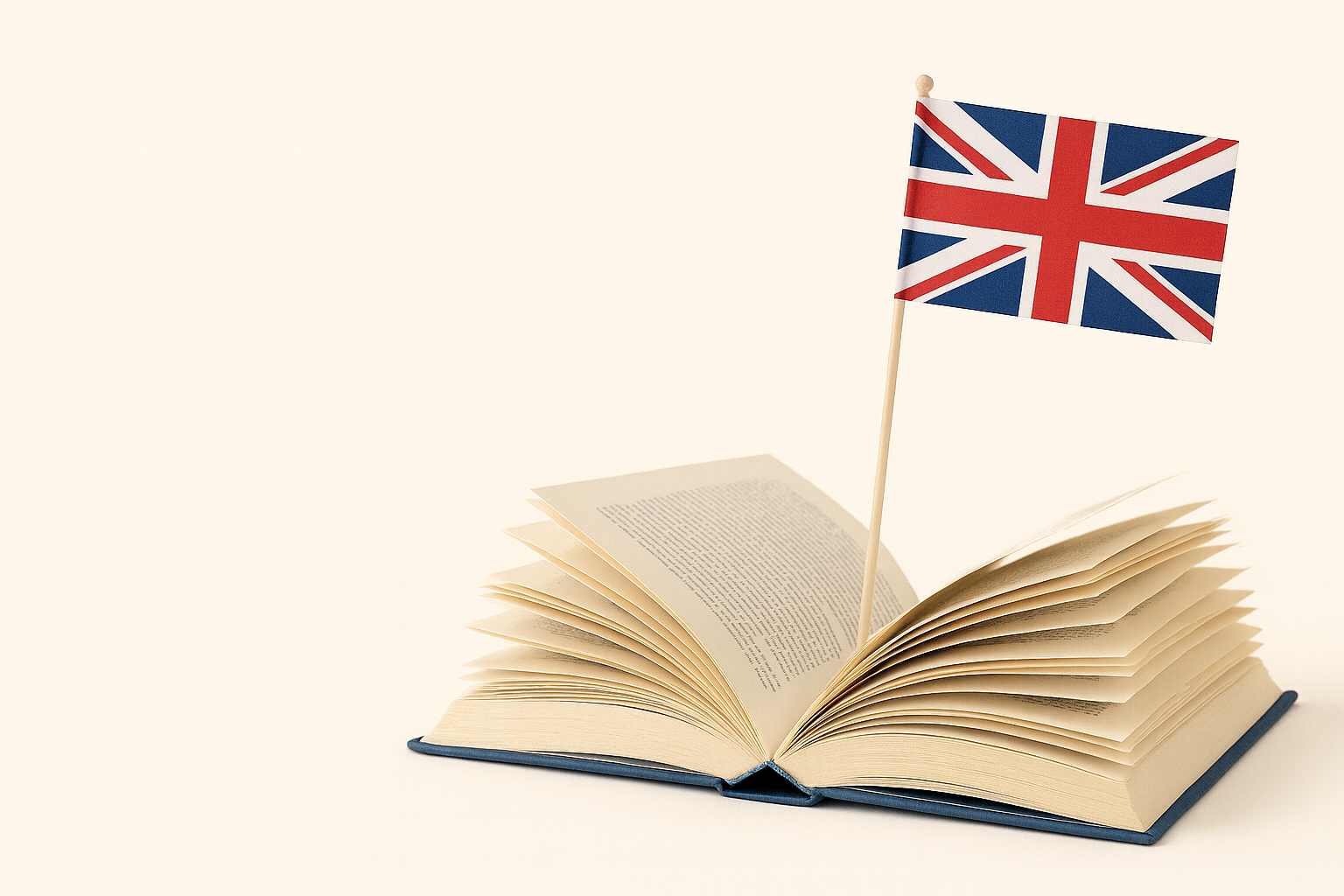 Otvorena knjiga sa britanskom zastavom i listom razloga zašto učiti engleski jezik: globalna komunikacija, bolja karijera, putovanja, obrazovanje i popularna kultura.